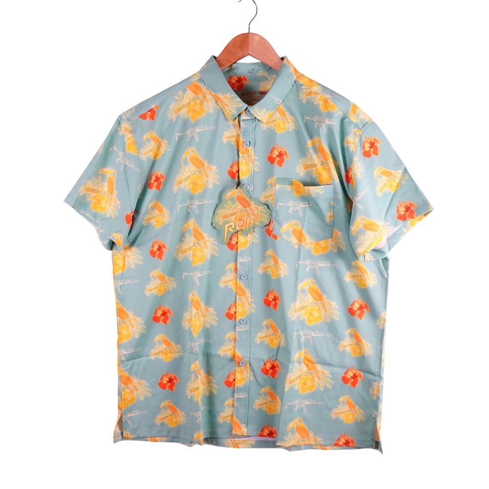 Retro Rifle Dead Air Silencers Guns Toucans Shirt Mens 2XL Blue Tropical Stretch
